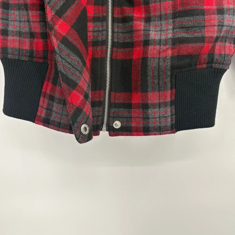 Forever 21 Red Black Plaid Cropped Bomber Jacket Wool Blend 3/4 Sleeve Small Y2K - Picture 4 of 10